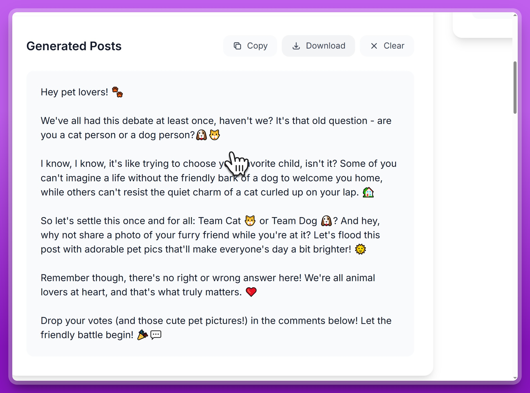 Facebook Post Generator interface showing the Generate Post button and customization options ready for content creation